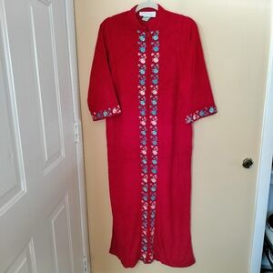 Evelyn Pearson Red Vintage Zip Floral Embroidery House Coat Robe S Golden Girls